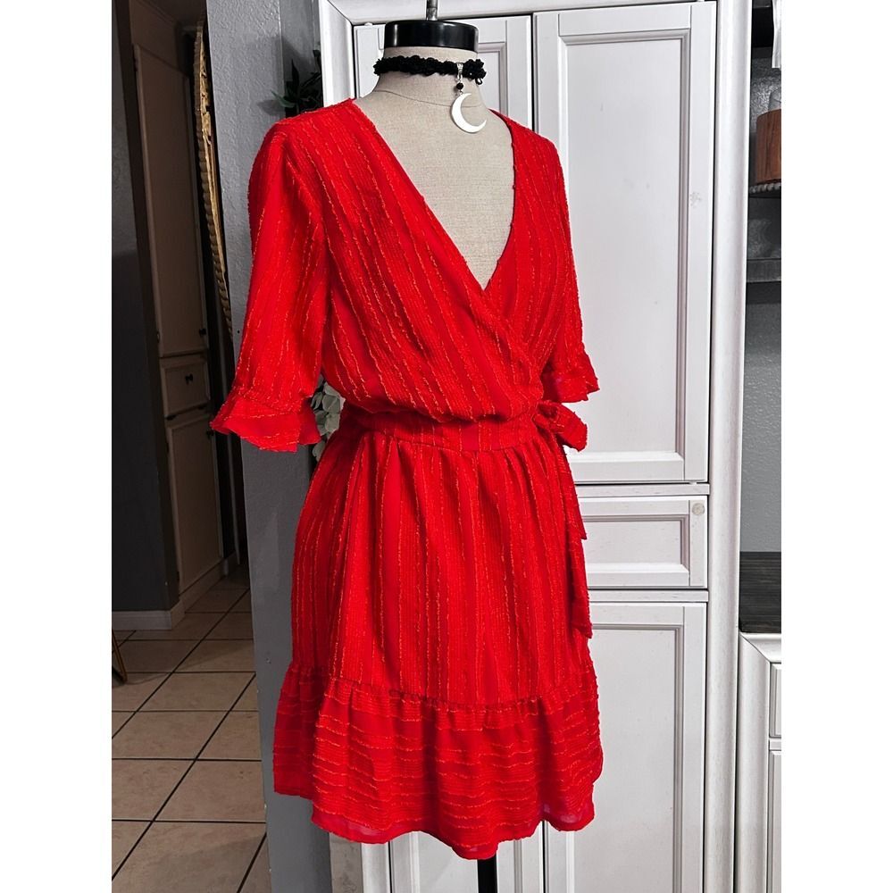 Hello Molly Red Wrap Mini Dress Flutter Sleeve MEDIUM Summer Rodeo Festival - Picture 9 of 10